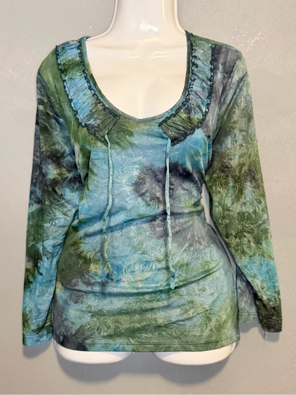 Y2K Sag Harbor Sheer Mesh Floral Ruffle Top XL Blue Green